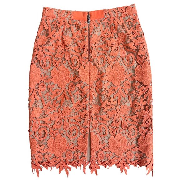 Alice + Olivia Orange Lace Floral Pencil Skirt Size 2 Designer Statement - Picture 5 of 10
